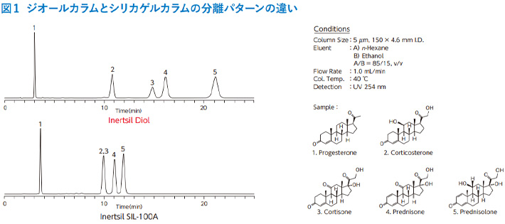 図1　ジオールカラムとシリカゲルカラムの分離パターンの違い