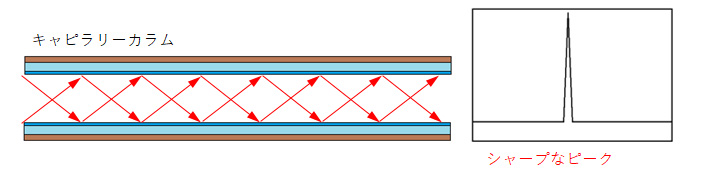 キャピラリーカラムの構造とシャープなピークの画像